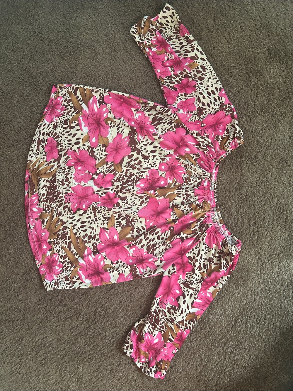 Floral Off-Shoulder Long Sleeve Top in Pink and Brown
